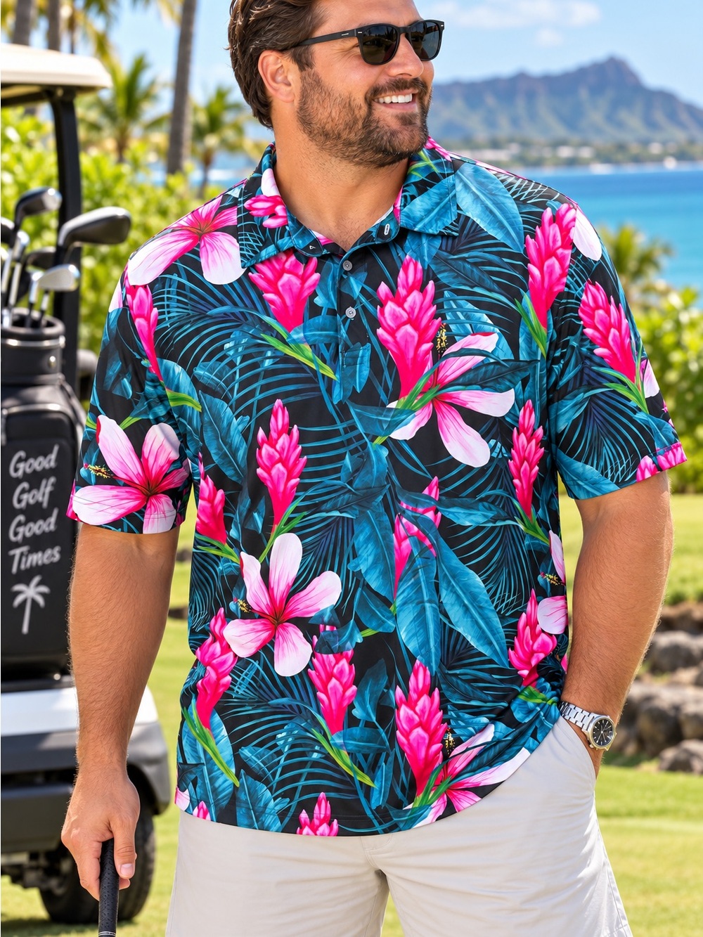 Proud 90 Hawaiian Friday Men’s XL Performance Golf Polo Tropical Floral #212